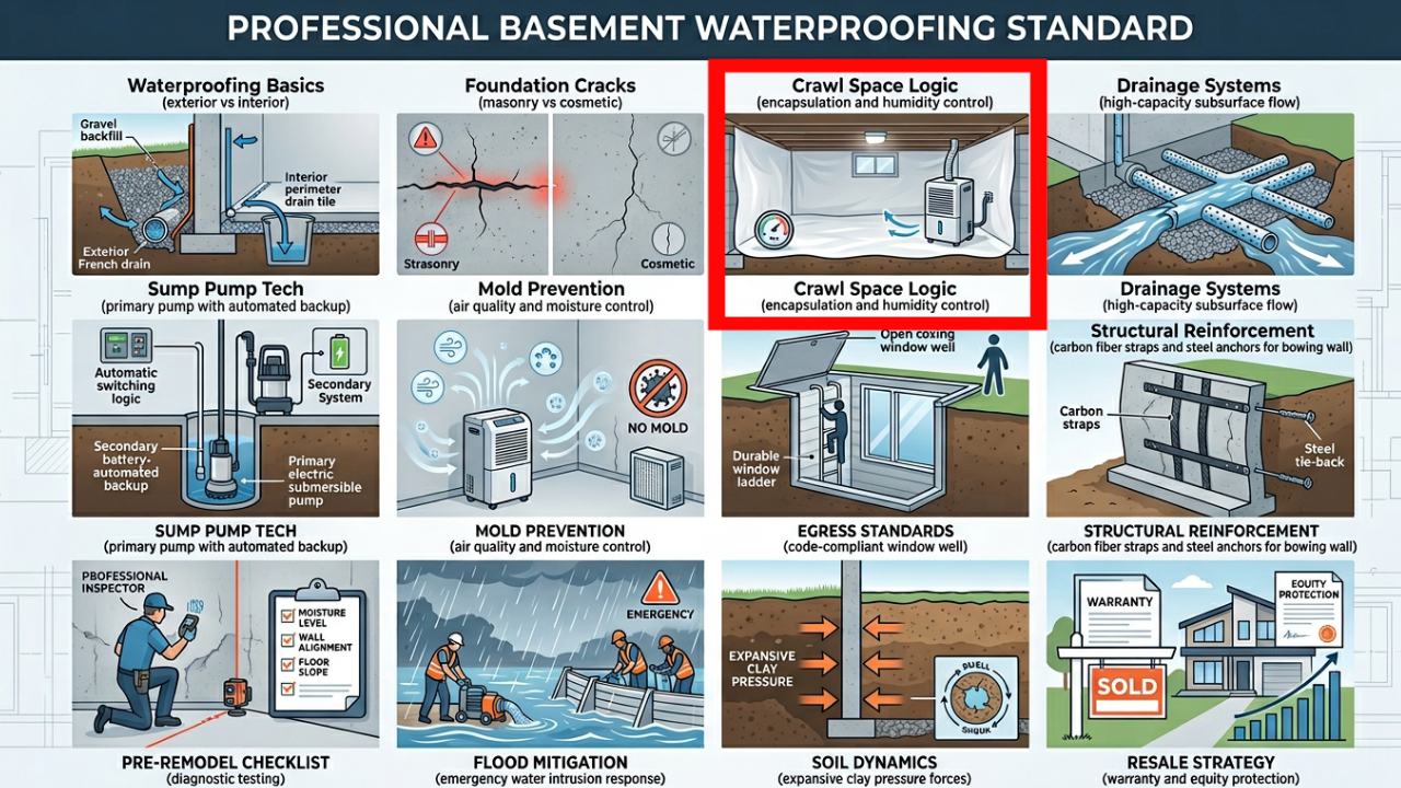 Crawl space logic infographic showing encapsulation and humidity control for improved air quality.