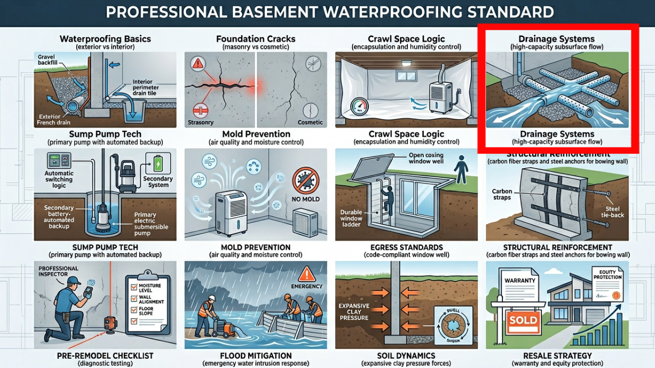 High-capacity subsurface drainage system infographic showing hydrostatic pressure relief.