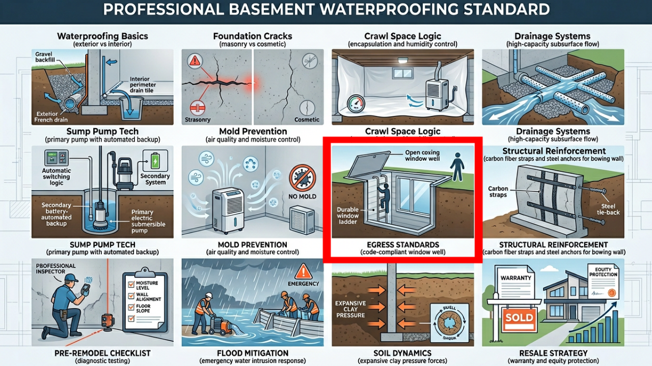 Egress standards infographic showing IRC code compliance and proper well drainage.