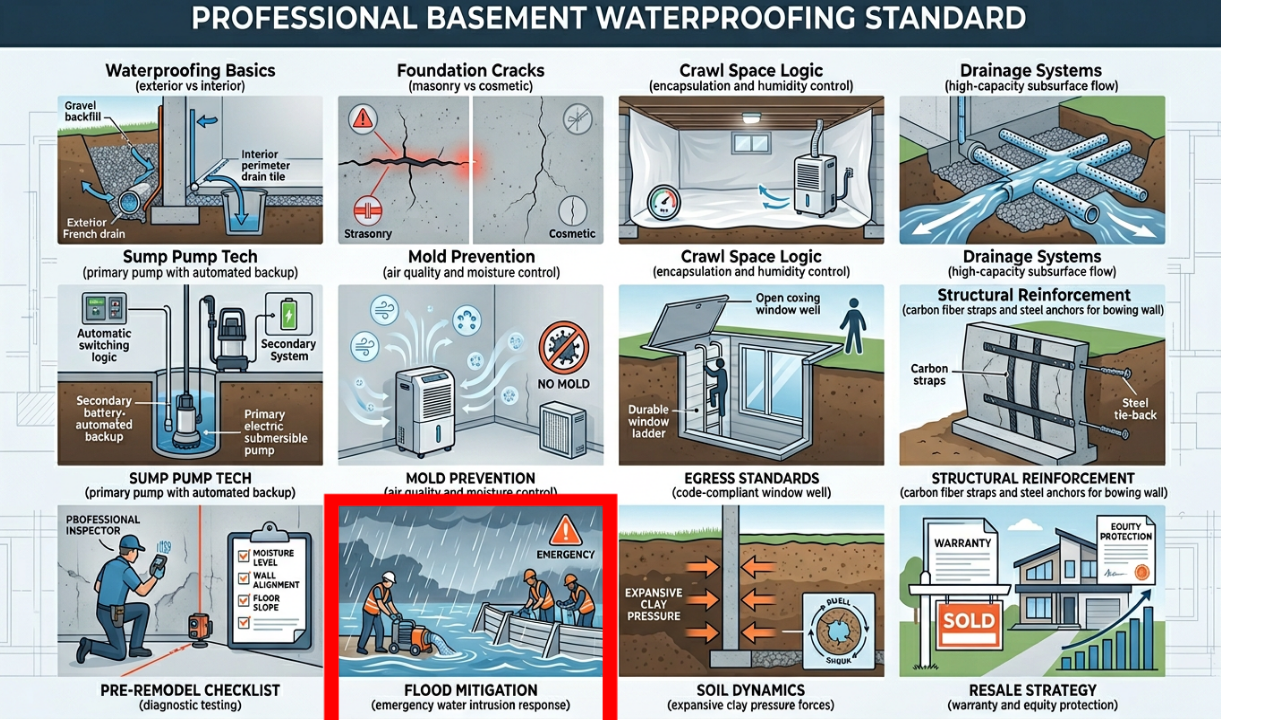 Engineered flood mitigation system featuring high-flow discharge and backwater prevention.