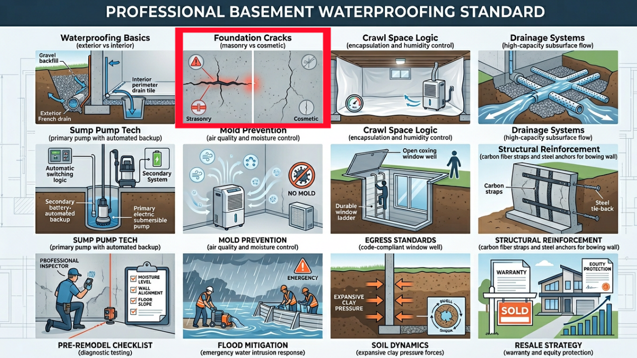 Foundation cracks infographic comparing structural repair methods vs cosmetic patching.
