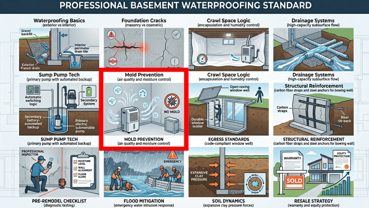Technical diagram of professional mold prevention through air quality and moisture control.