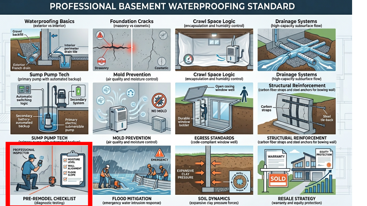 Professional inspector performing a pre-remodel checklist including moisture level and wall alignment tests.