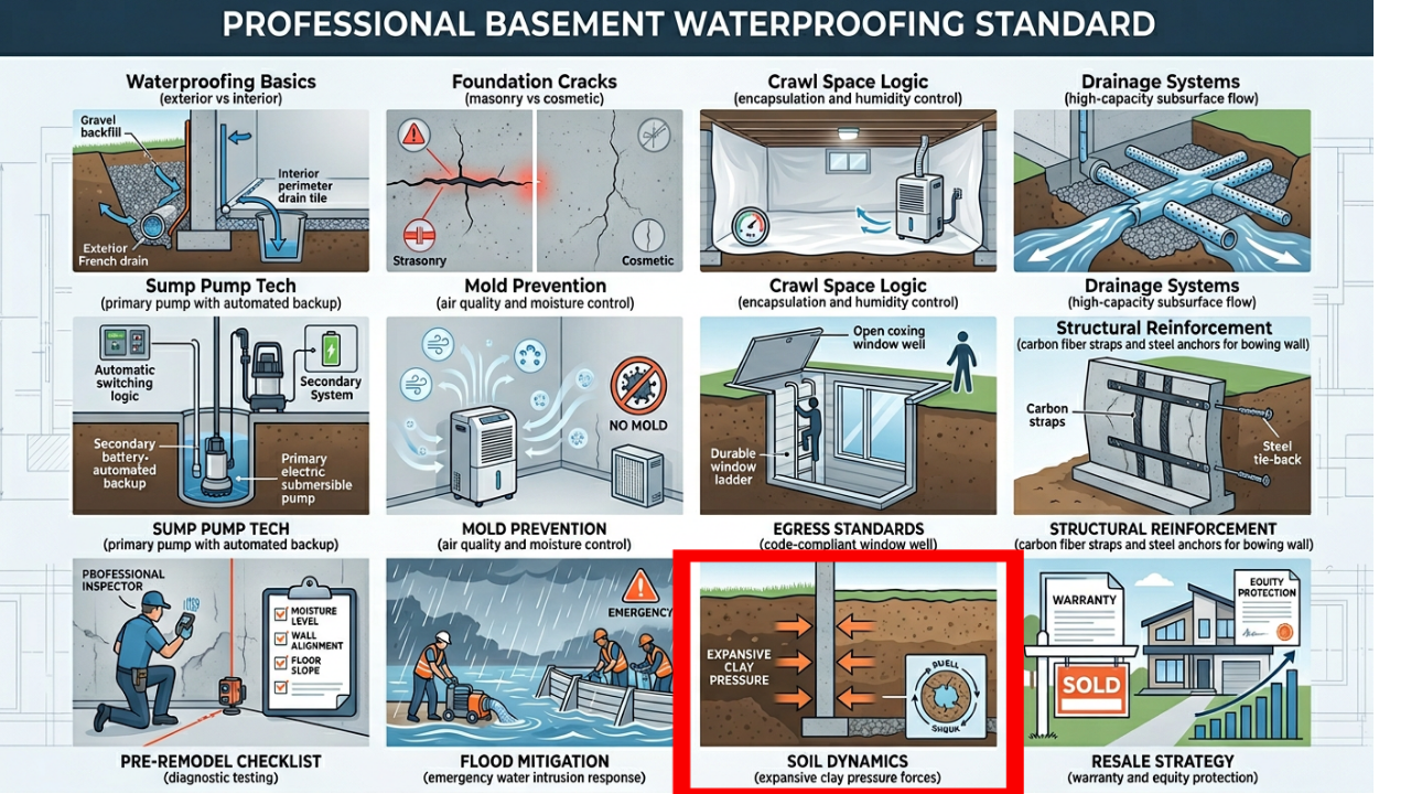 Infographic showing expansive clay soil pressure and hydrostatic dynamics against a foundation.
