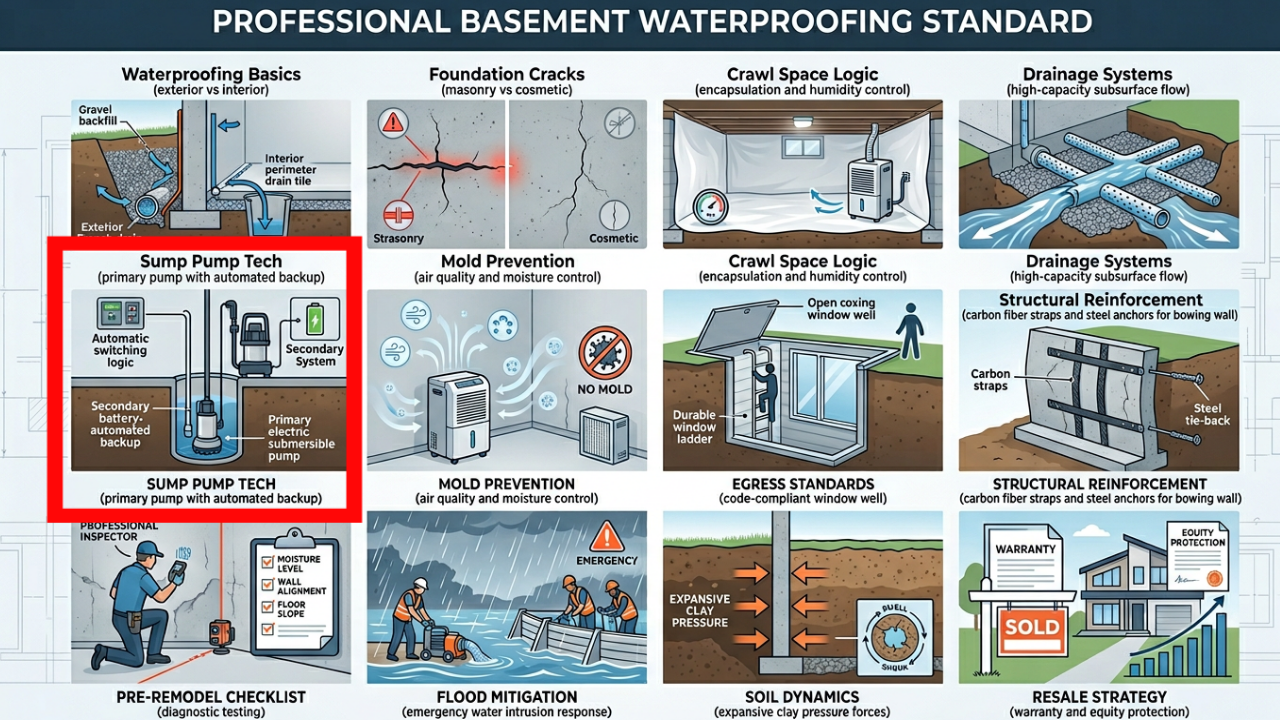 Technical diagram of a professional dual sump pump system with automated switching logic.
