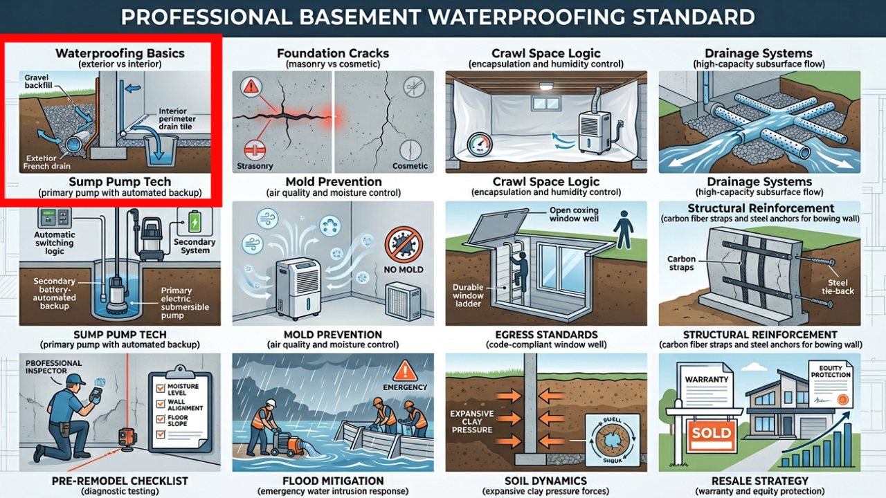 Waterproofing basics infographic comparing exterior waterproofing at the source versus interior pressure relief systems.